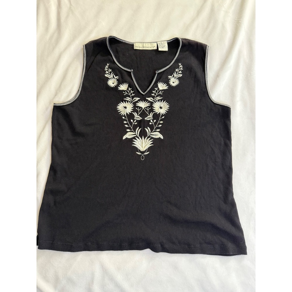 Requirements Womens XL Black Ribbed Cotton Floral Embroidered Sleeveless Top